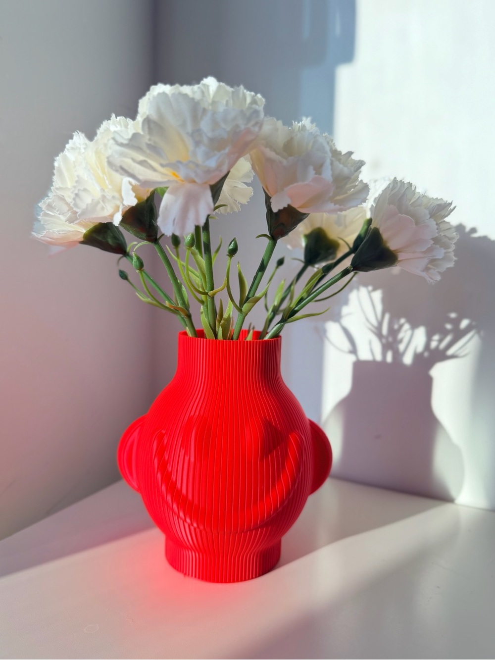 Modern Sculptural Red Ribbed Vase 3D Printed Art Decor Statement Piece